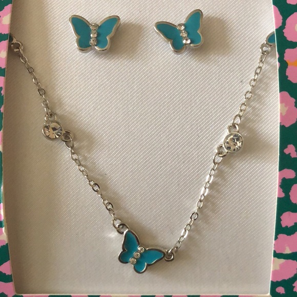 Butterfly earring and necklace set turquoise and silver with diamond accent. - Picture 2 of 4